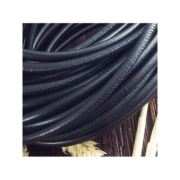 Cordon cuir rond couture haute qualité noir 6.5mm par 20cm