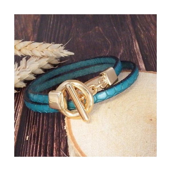 Kit bracelet cuir croco turquoise fermoir toogle or extra