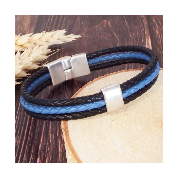 Kit bracelet cuir tresse 3 bandes bleu et noir  et fermoir argent