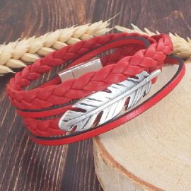 Kit bracelet cuir tresse rouge et argent en double