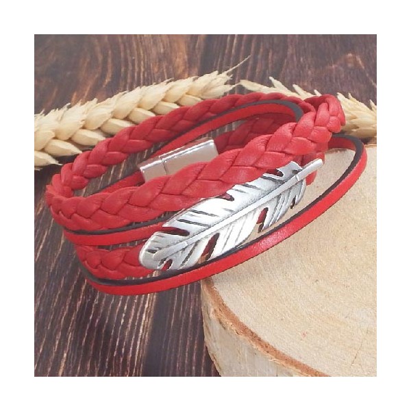 Kit bracelet cuir tresse rouge et argent en double