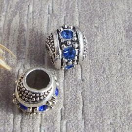 Perle europeenne rondelle argentee strass saphir trou interieur 5mm