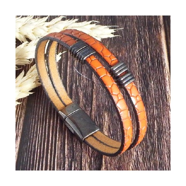 Kit bracelet cuir camel croco et gun metal