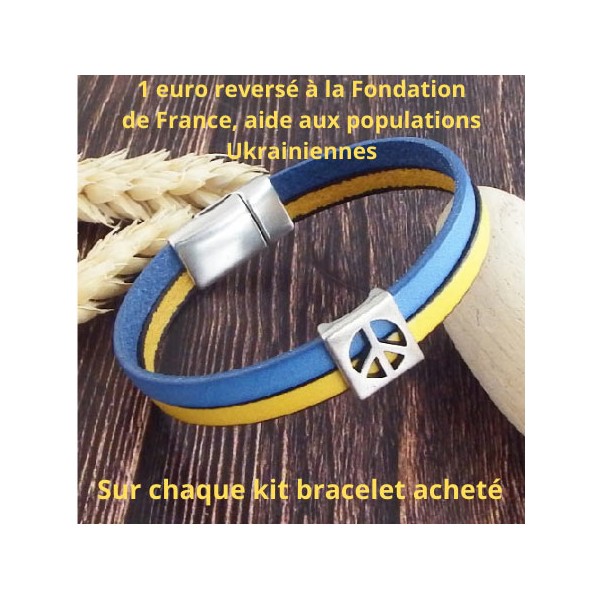 Kit bracelet cuir paix Ukraine bleu jaune et argent
