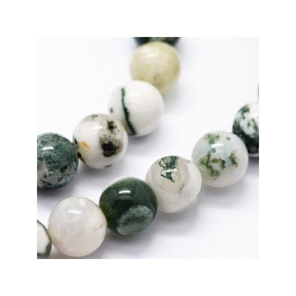 Fil de 47 perles rondes en agate naturelle vert et blanc 8mm