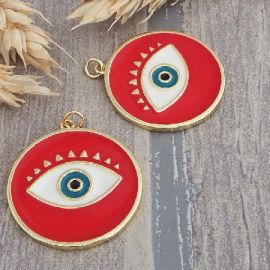 Pendentif oeil email rouge plaque or 31mm
