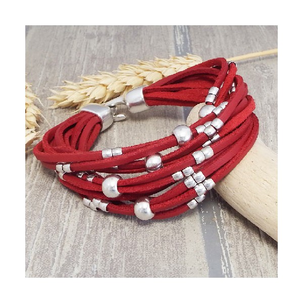 Kit tutoriel bracelet suedine rouge perles et fermoir  argent