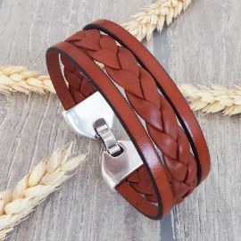 Kit tutoriel bracelet cuir tresse marron fermoir plaque argent