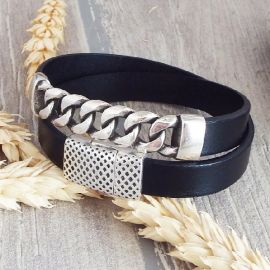 Kit bracelet cuir unisexe noir chaine argent