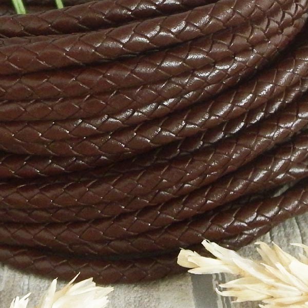 Cordon cuir rond tresse serpent marron fonce 5MM par 20cm