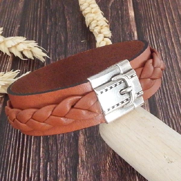 Kit bracelet marron tresse cuir manchette double avec fermoir ceinture argent