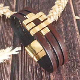 Kit bracelet cuir bordeaux et argent géométrique