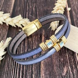 Kit bracelet cuir bleu jean perles or et cristal swarovski aquamarine