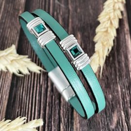 Kit bracelet cuir ocean perles argent et cristal swarovski emeraude