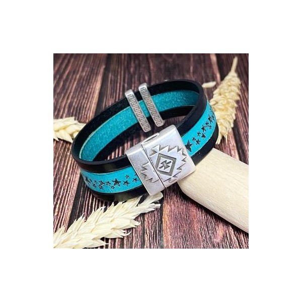 Kit bracelet cuir turquoise et noir star argent argent