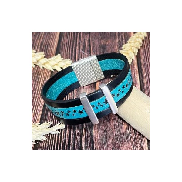 Kit bracelet cuir turquoise et noir star argent argent