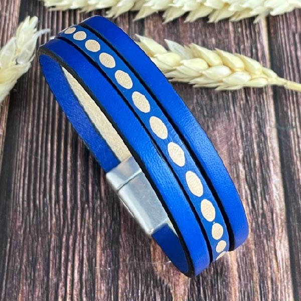 Kit bracelet cuir bleu vif ovales naturel avec fermoir argent